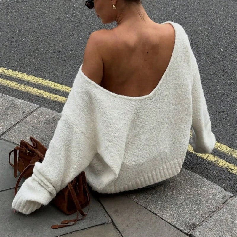 Beige Low Back Slouchy Knit Pullover Sweater - Beige - 1