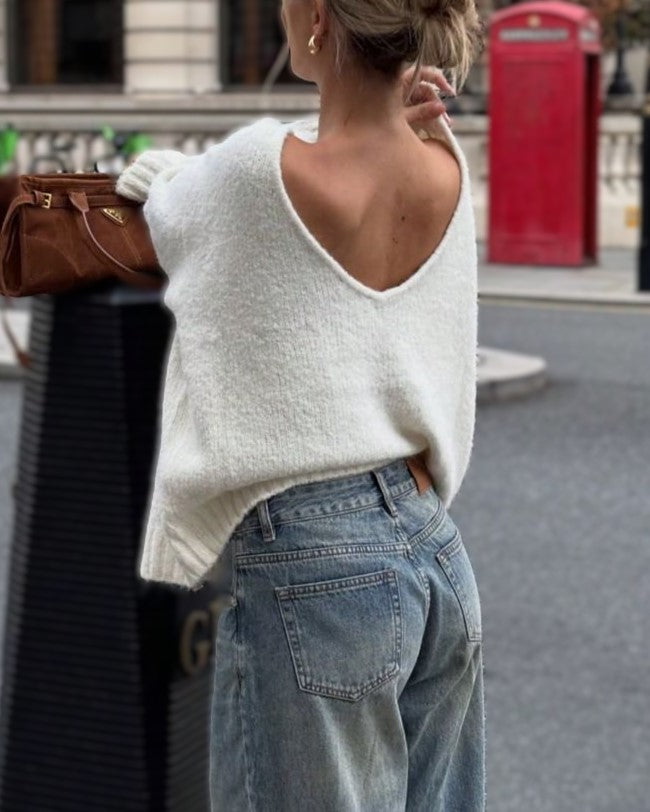 Beige Low Back Slouchy Knit Pullover Sweater - Beige - 2