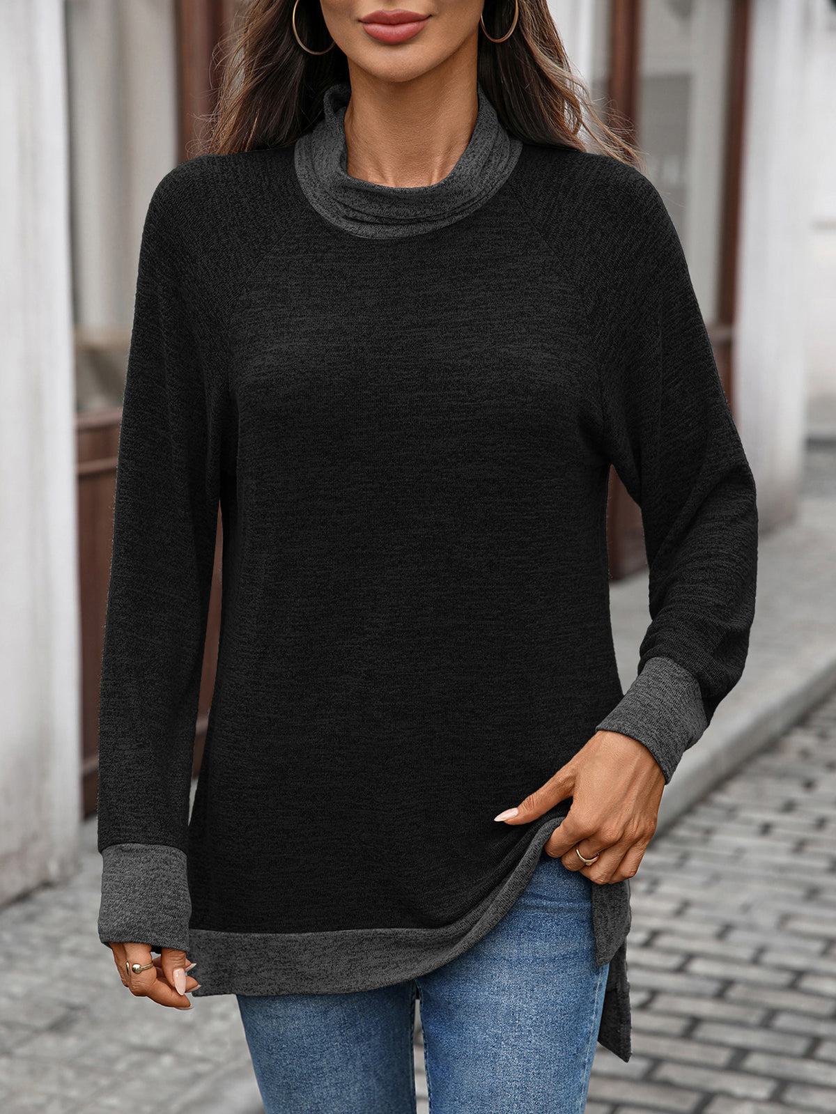 Contrast Cowl Neck Split Hem Tunic - Black