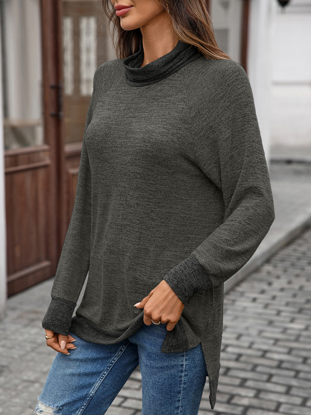 Contrast Cowl Neck Split Hem Tunic - DarkGrey