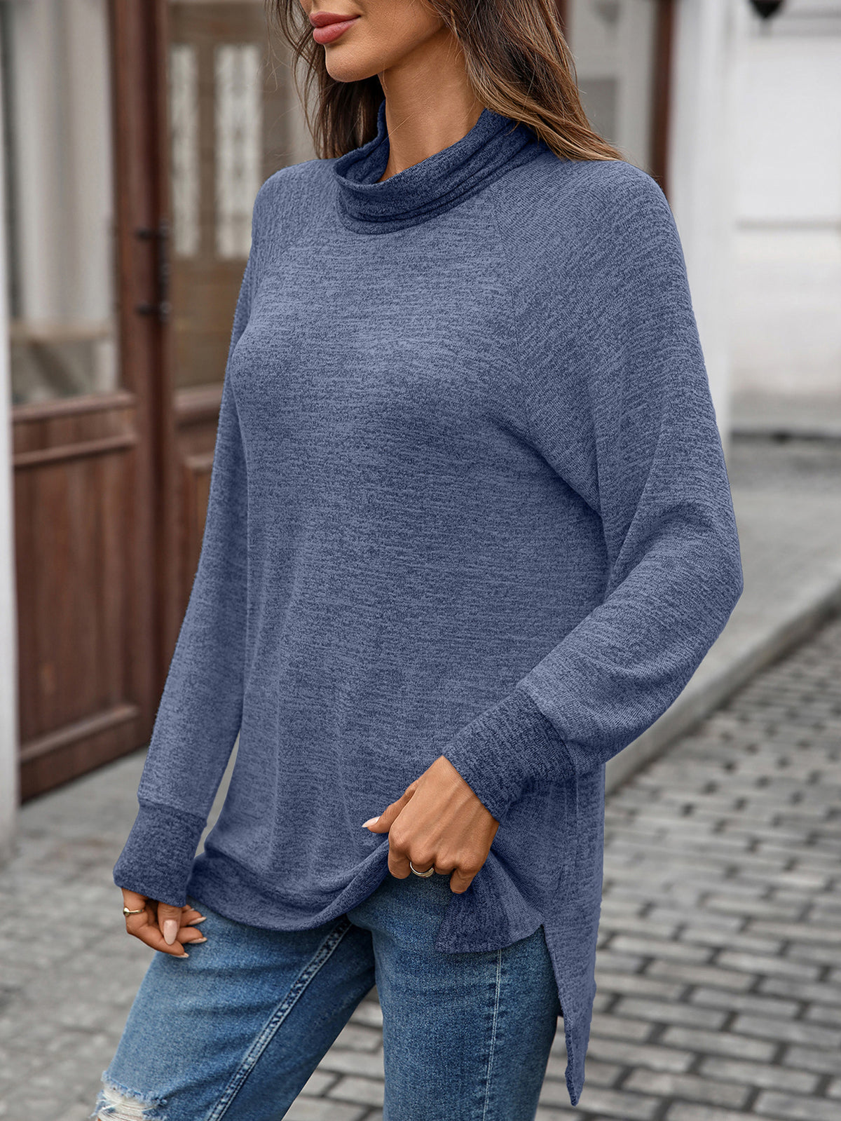 Contrast Cowl Neck Split Hem Tunic - Navyblue