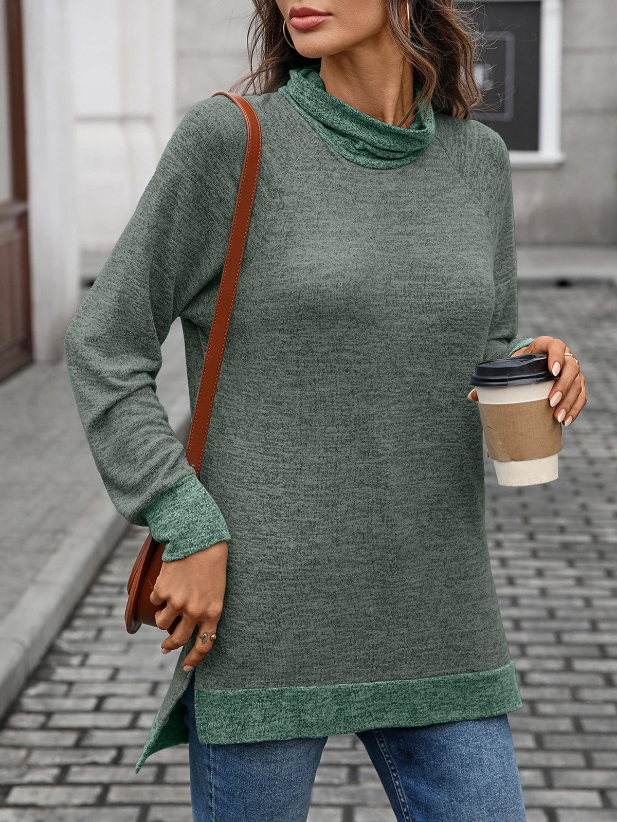 Contrast Cowl Neck Split Hem Tunic - Olive