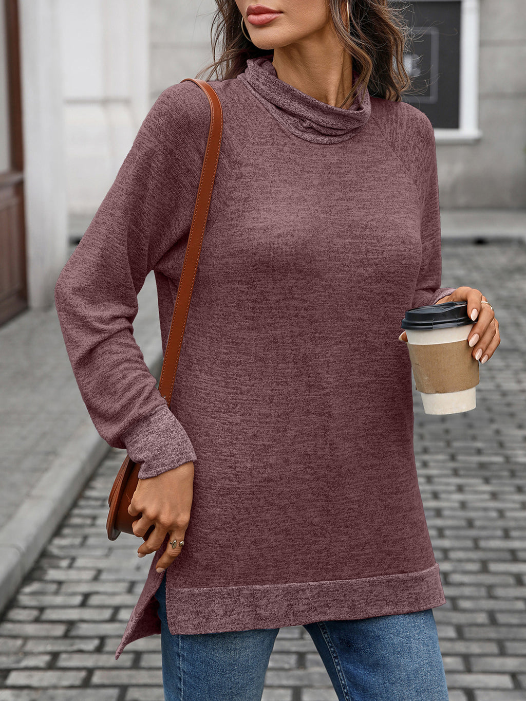 Contrast Cowl Neck Split Hem Tunic - Purple