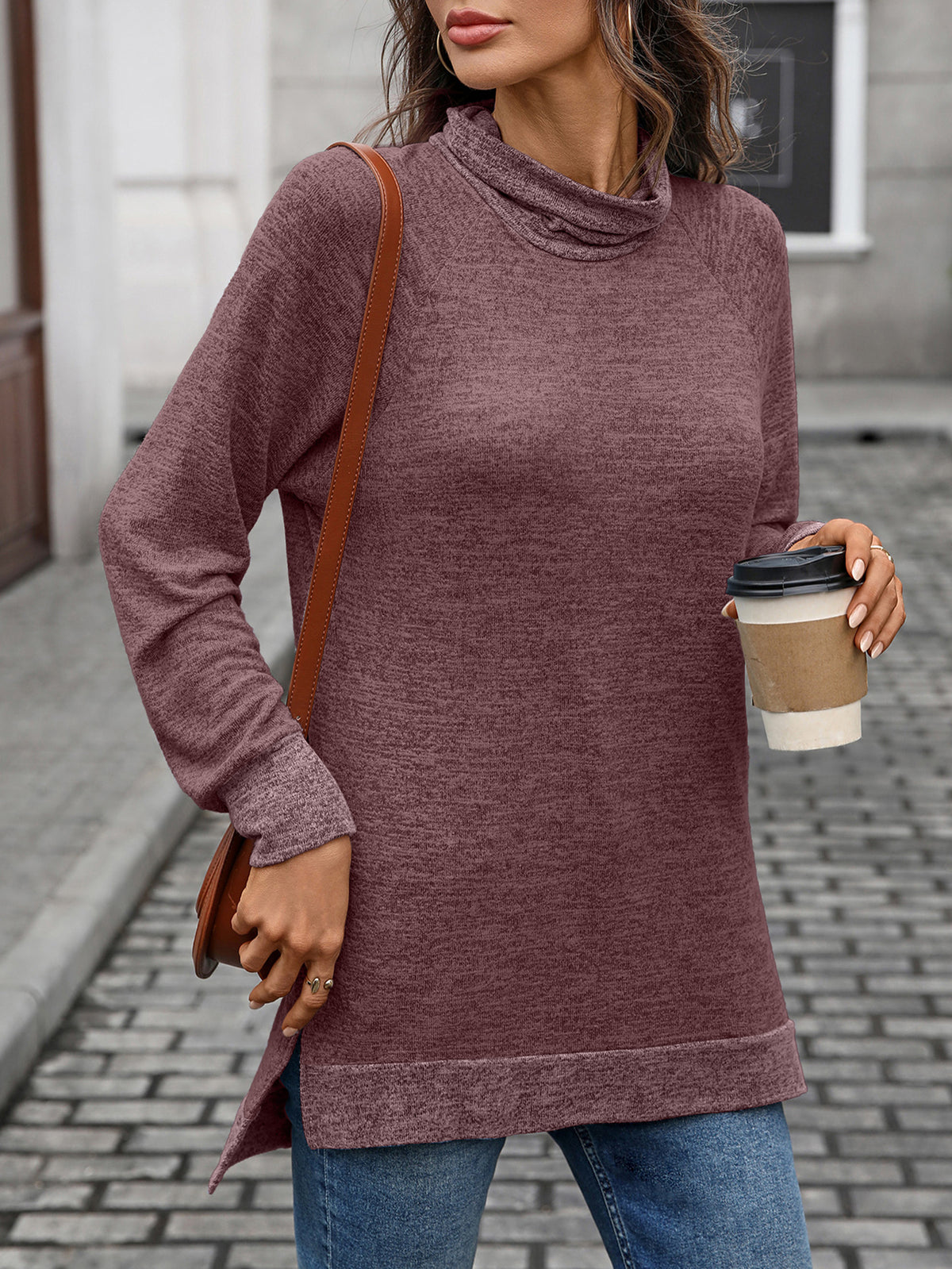 Contrast Cowl Neck Split Hem Tunic - Purple