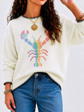 Lobster Graphic Sweater with Whipstitch Trim - White