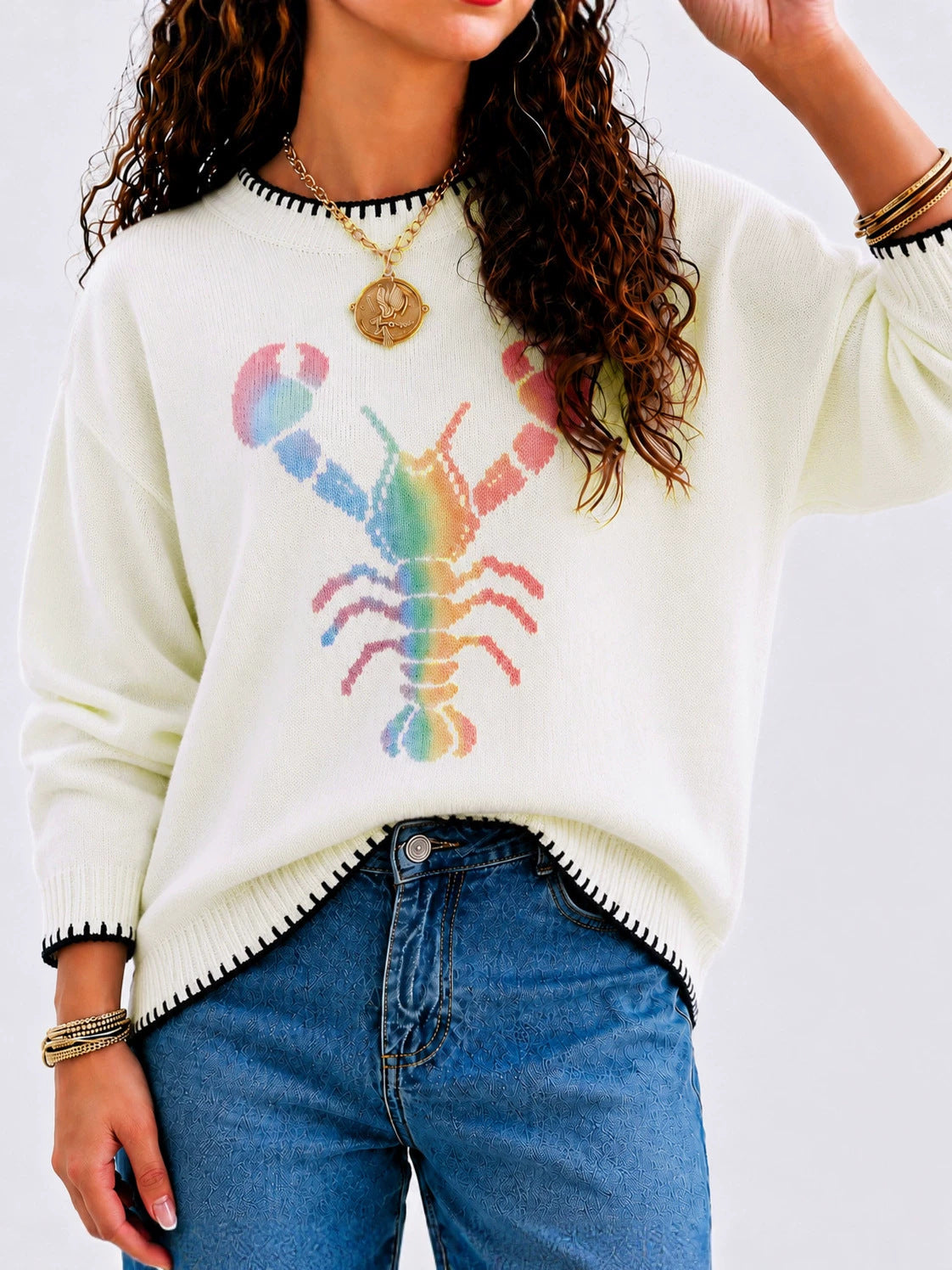 Lobster Graphic Sweater with Whipstitch Trim - White