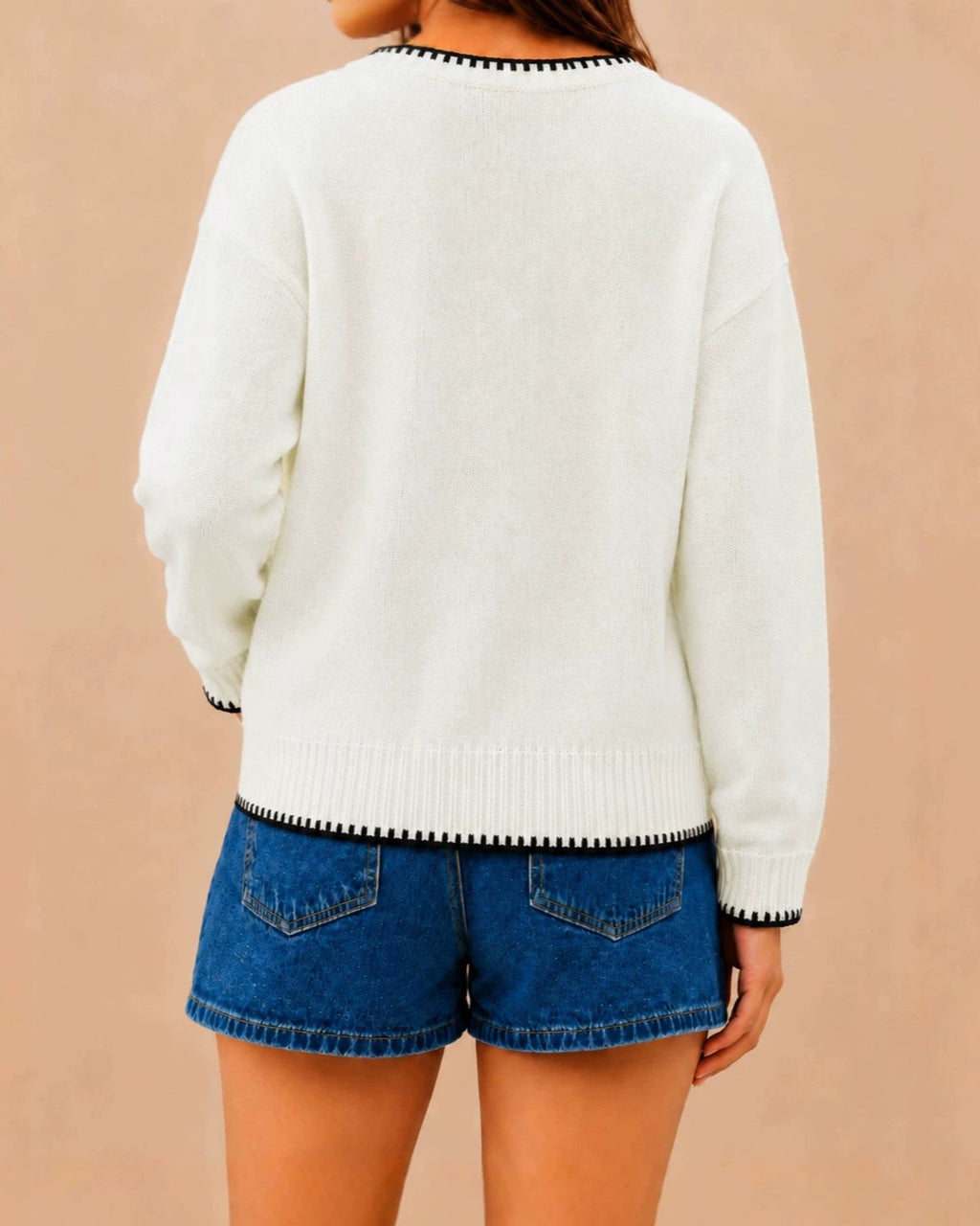 Lobster Graphic Sweater with Whipstitch Trim - White - 1