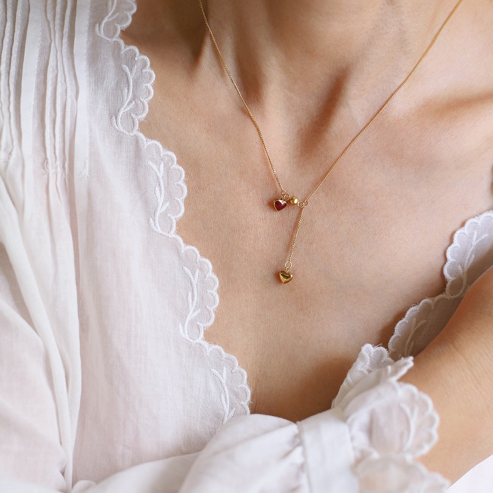 Vintage Heart Drop Lariat Necklace - Gold - 3