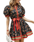 Vibrant Floral Puff-Sleeve Belted Boho Mini Dress - Black