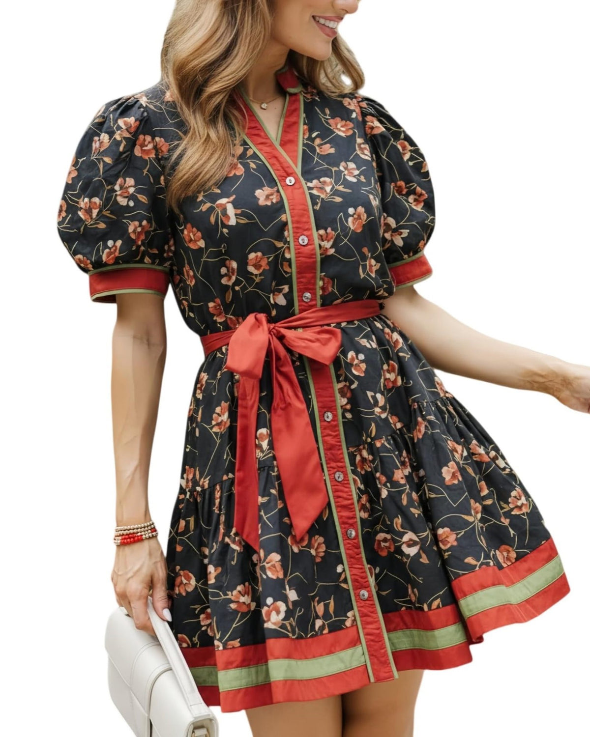 Vibrant Floral Puff-Sleeve Belted Boho Mini Dress - Black