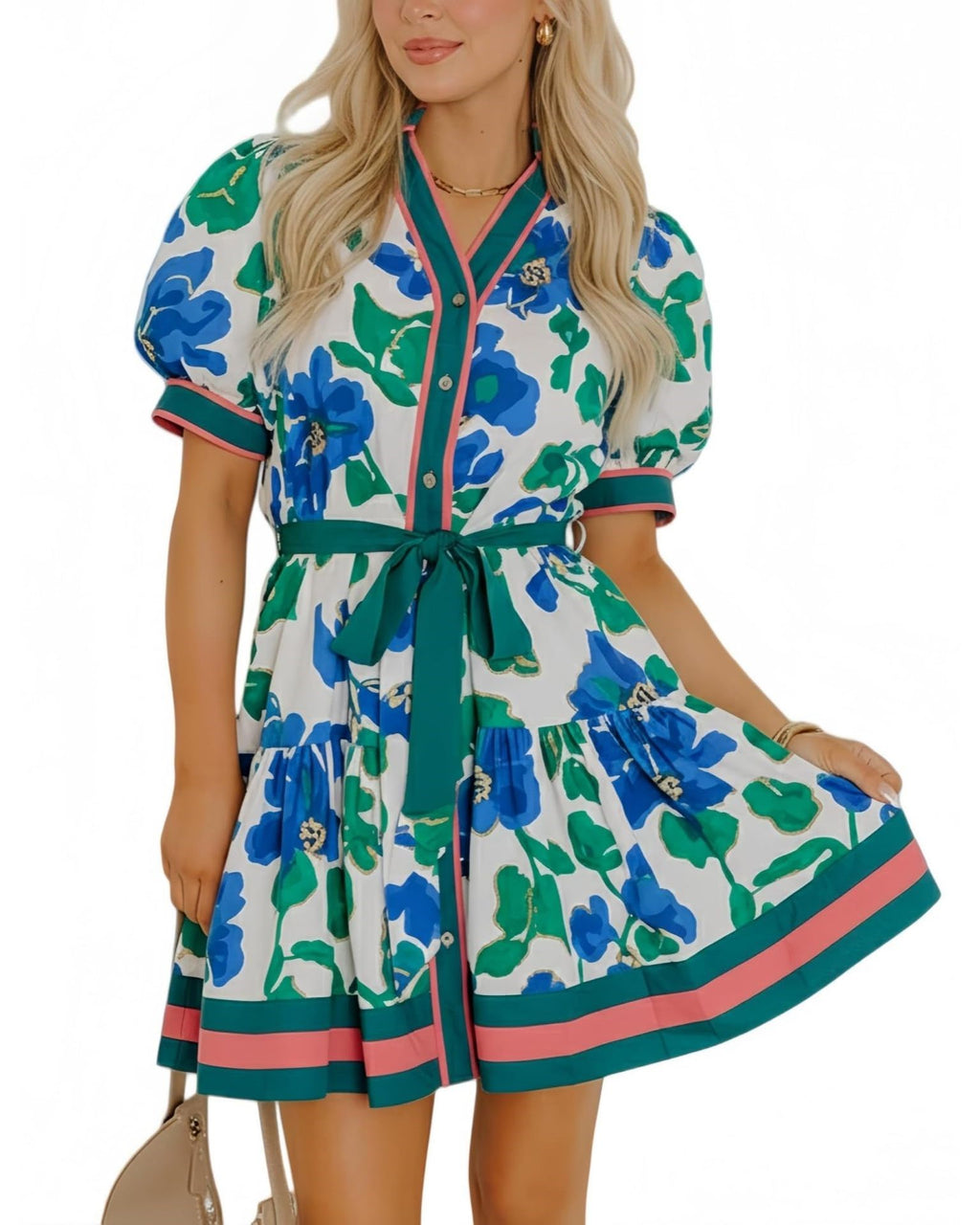 Vibrant Floral Puff-Sleeve Belted Boho Mini Dress