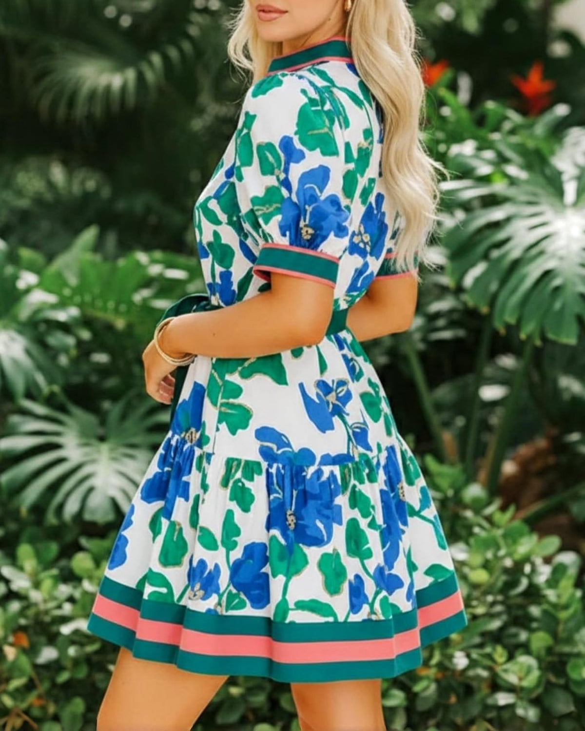 Vibrant Floral Puff-Sleeve Belted Boho Mini Dress - view 3