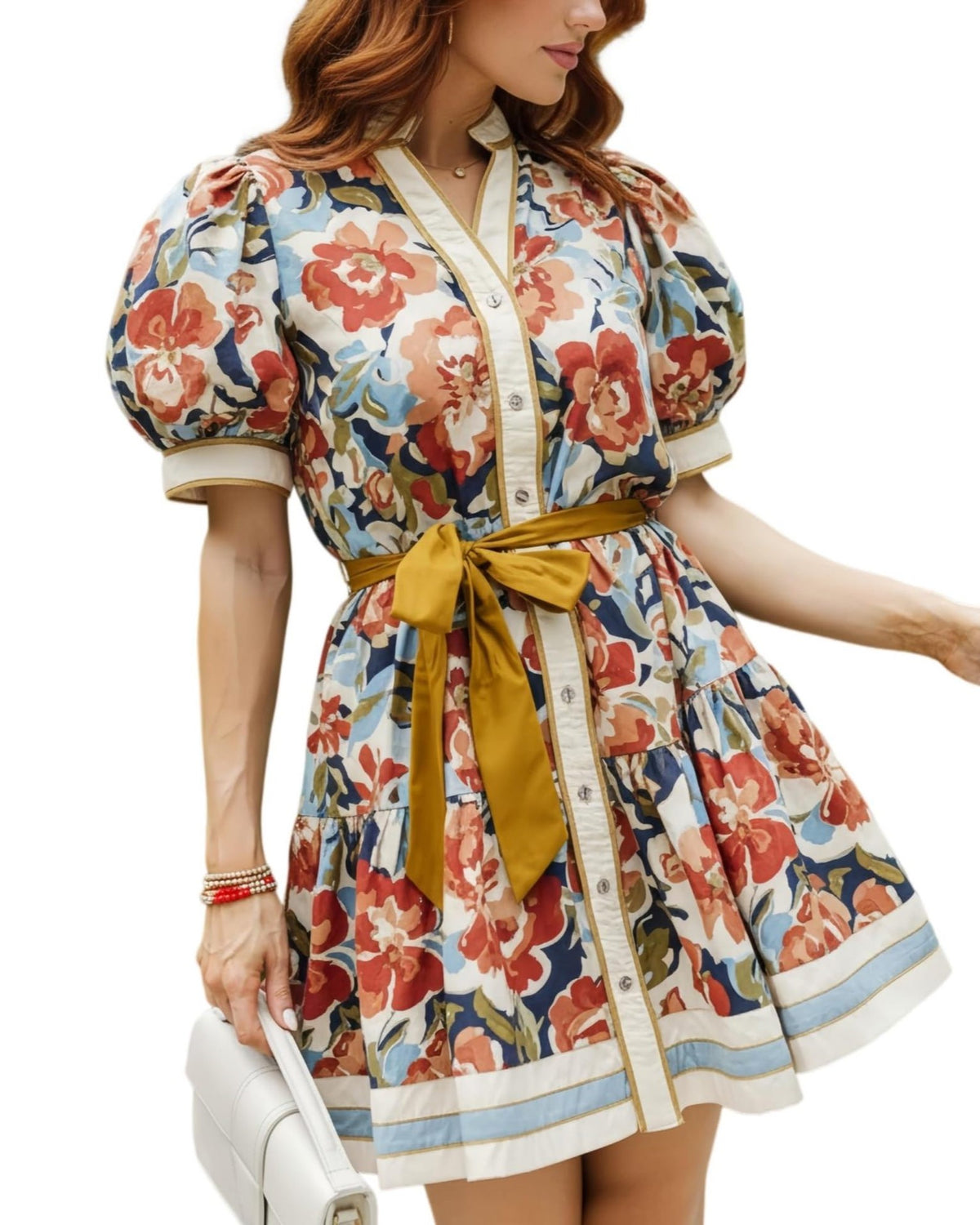 Vibrant Floral Puff-Sleeve Belted Boho Mini Dress - Ginger