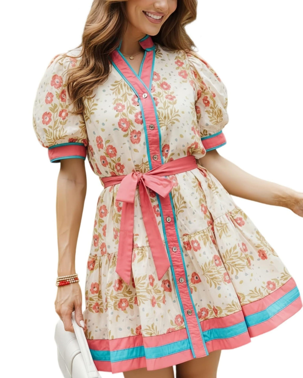 Vibrant Floral Puff-Sleeve Belted Boho Mini Dress - Magenta