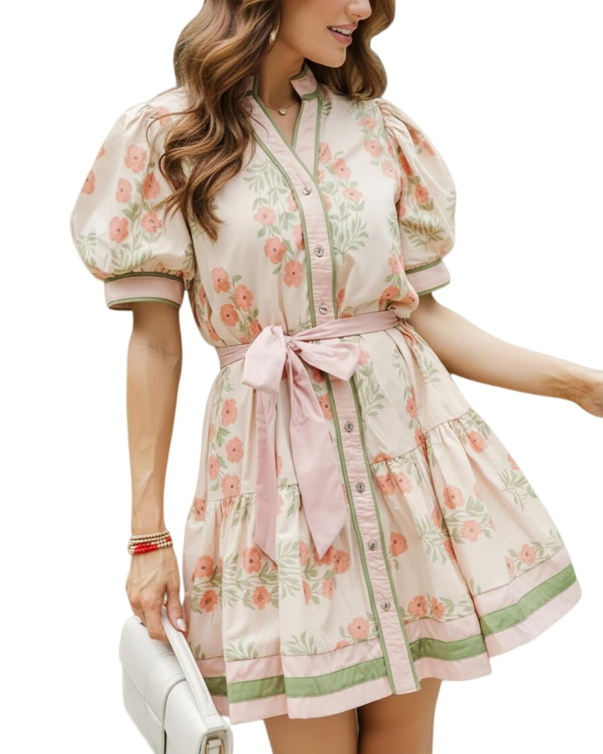 Vibrant Floral Puff-Sleeve Belted Boho Mini Dress - Pink