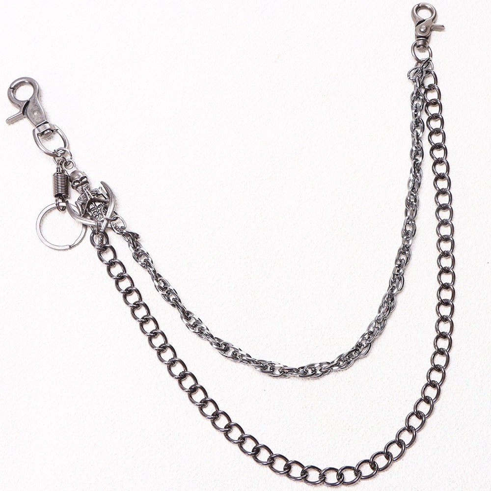 Gunmetal Skull Charm Two-Layer Curb Link Jean Chain - Skull - 1