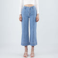 Pearl Beaded Wide Leg Cropped Denim Jeans - Blue