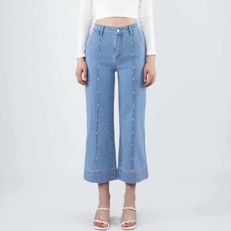 Pearl Beaded Wide Leg Cropped Denim Jeans - Blue