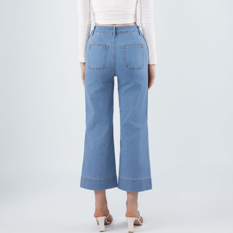 Pearl Beaded Wide Leg Cropped Denim Jeans - Blue - 1