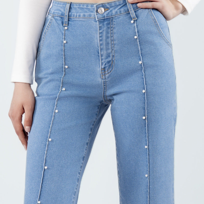 Pearl Beaded Wide Leg Cropped Denim Jeans - Blue - 2