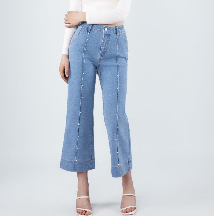 Pearl Beaded Wide Leg Cropped Denim Jeans - view 1