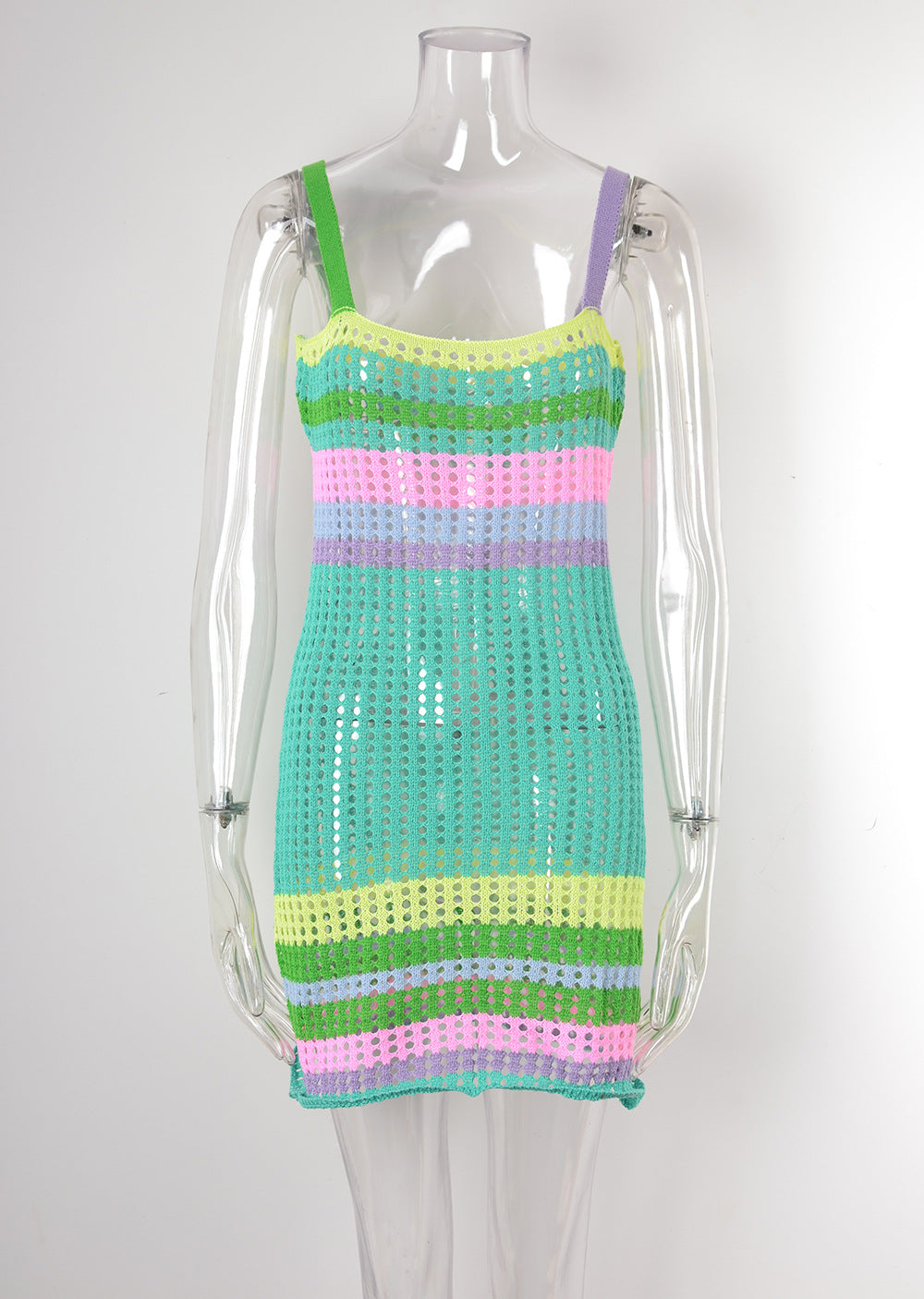 Open Knit Striped Beach Mini Dress - Lakeblue