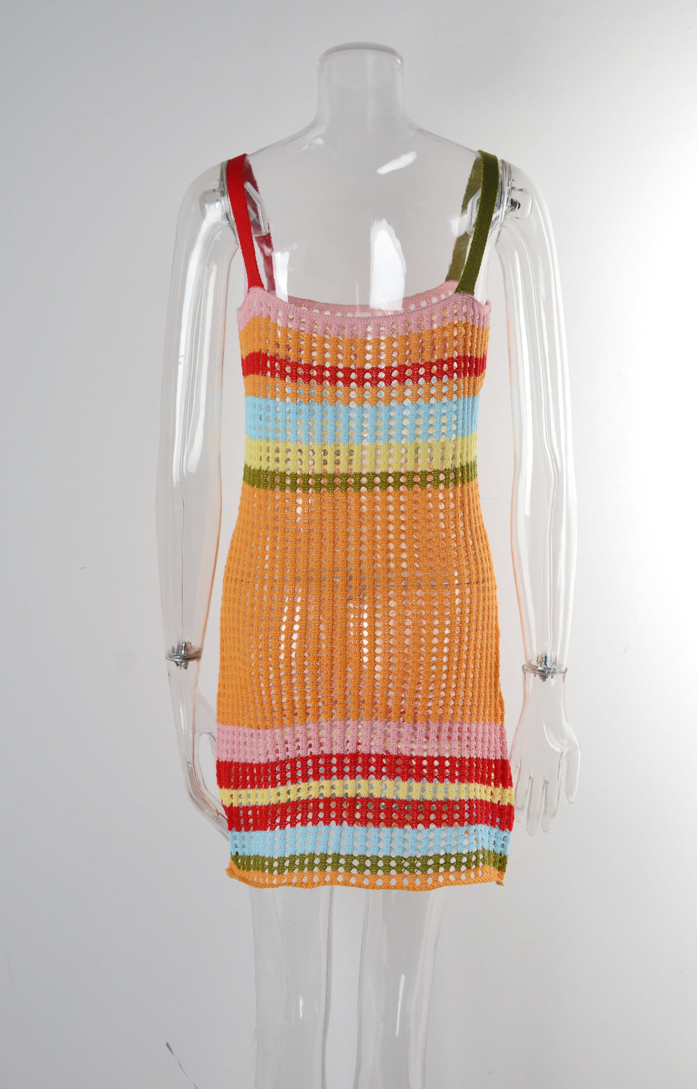 Open Knit Striped Beach Mini Dress - Orange