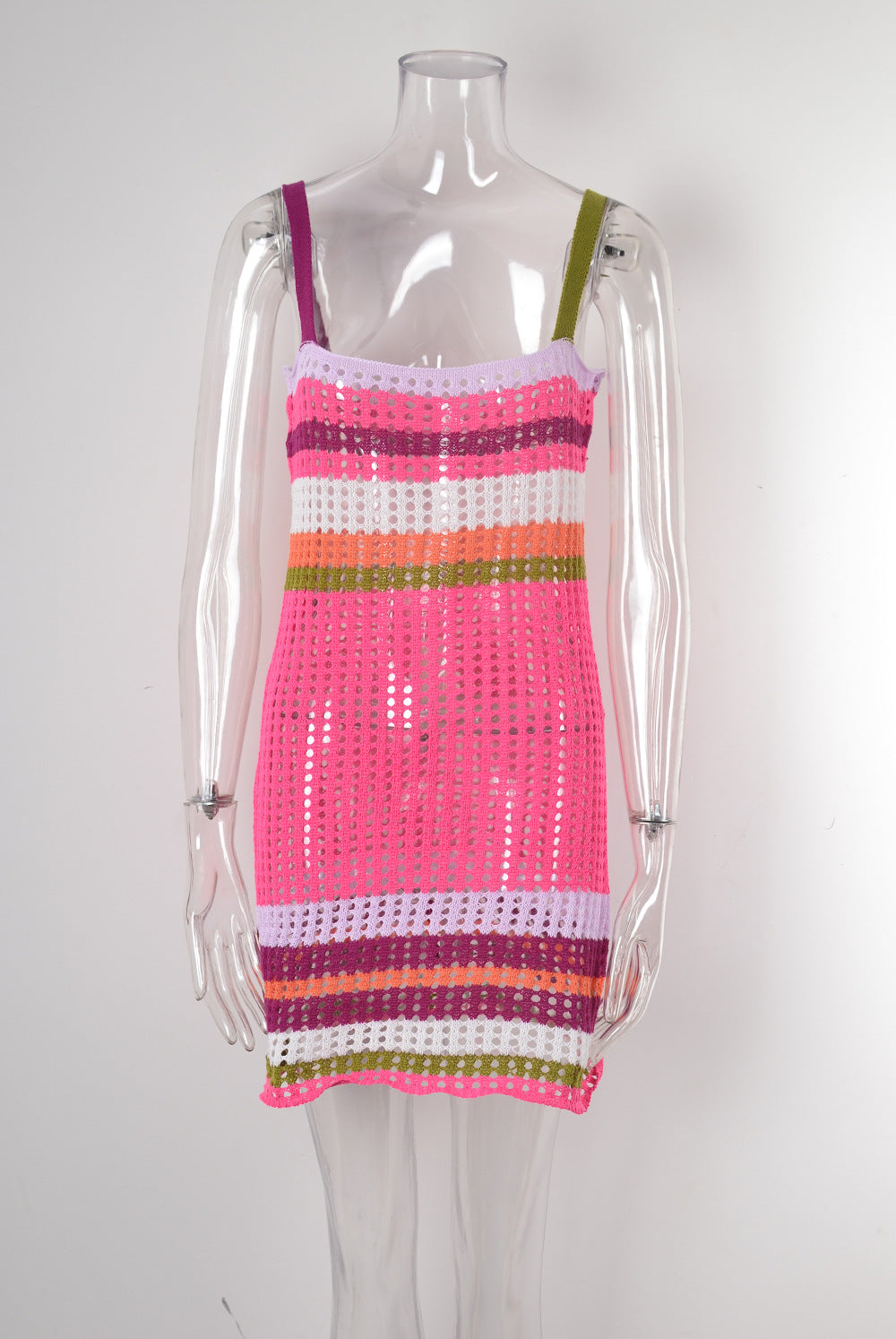 Open Knit Striped Beach Mini Dress - Rosered