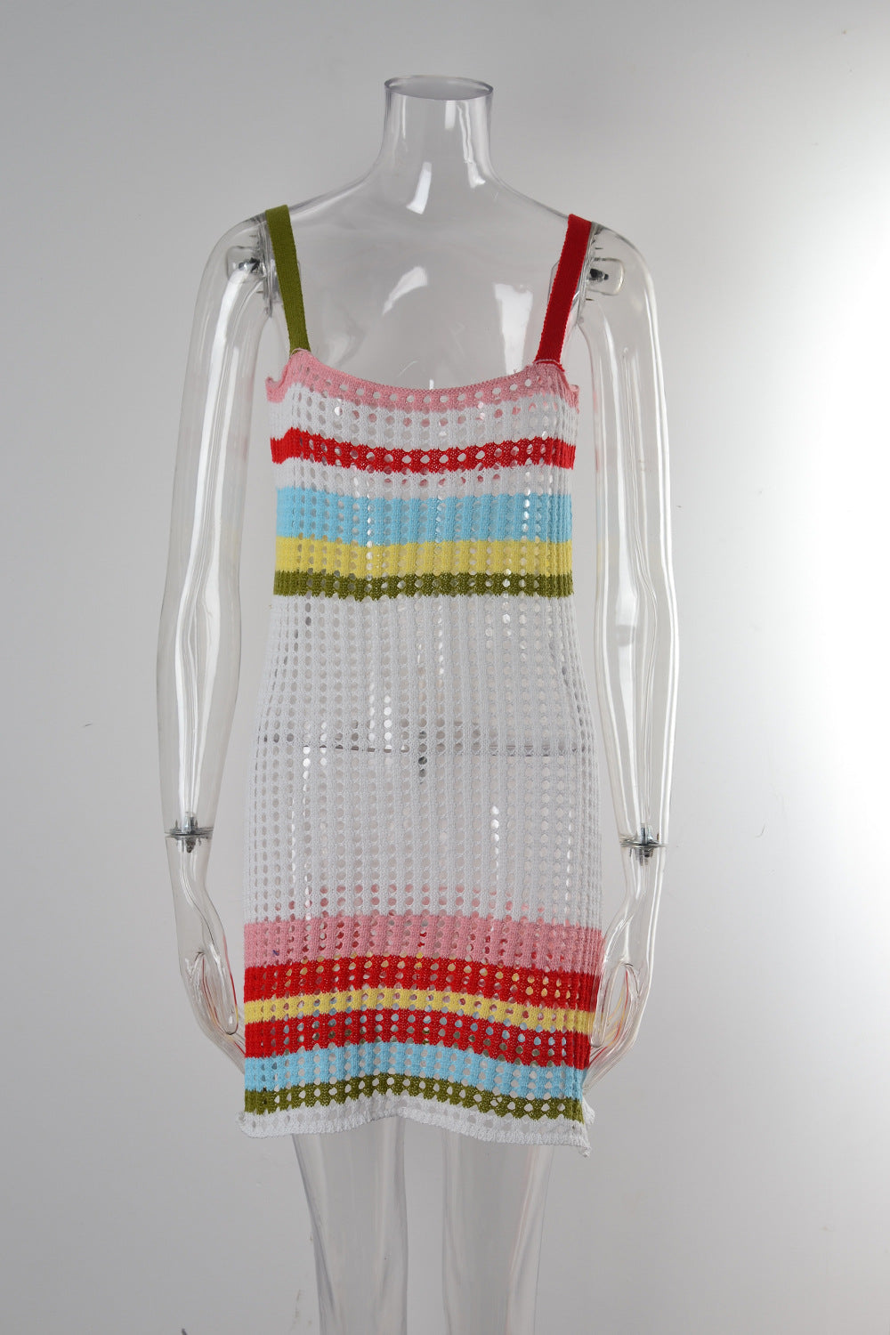 Open Knit Striped Beach Mini Dress - White - 1