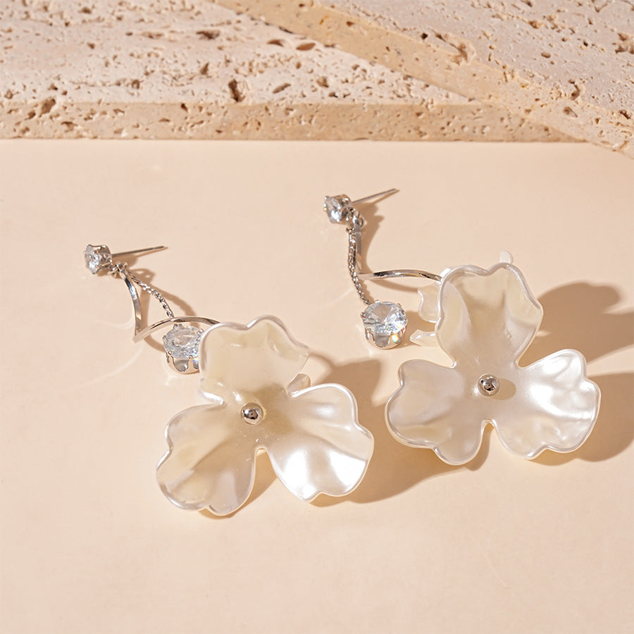 Pearlescent Flower Crystal Dangle Earrings - White - 1