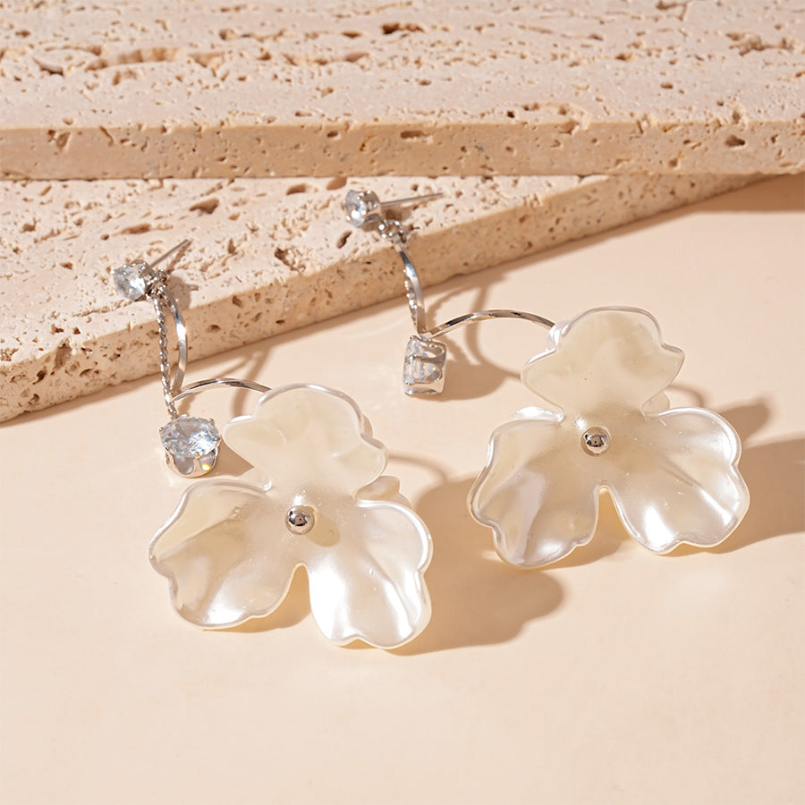 Pearlescent Flower Crystal Dangle Earrings - White - 3
