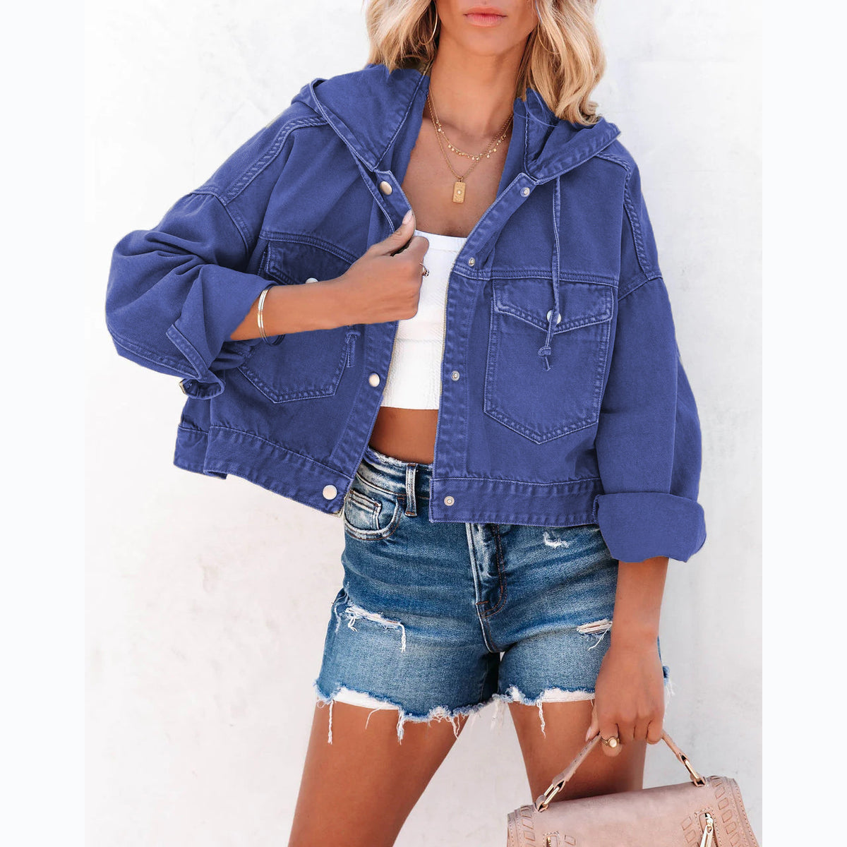 Hooded Cropped Utility Jacket With Pockets - Blue