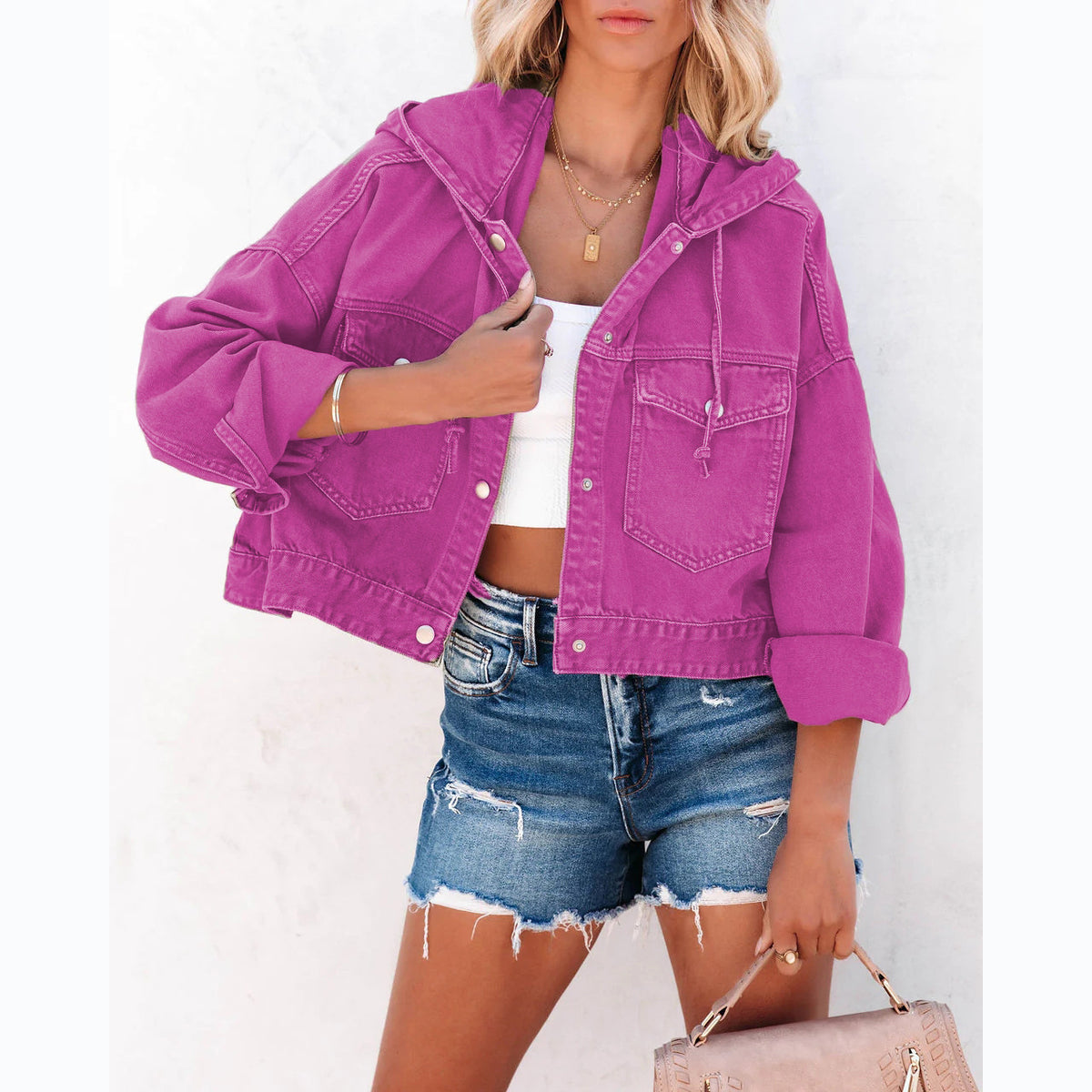 Hooded Cropped Utility Jacket With Pockets - Rose