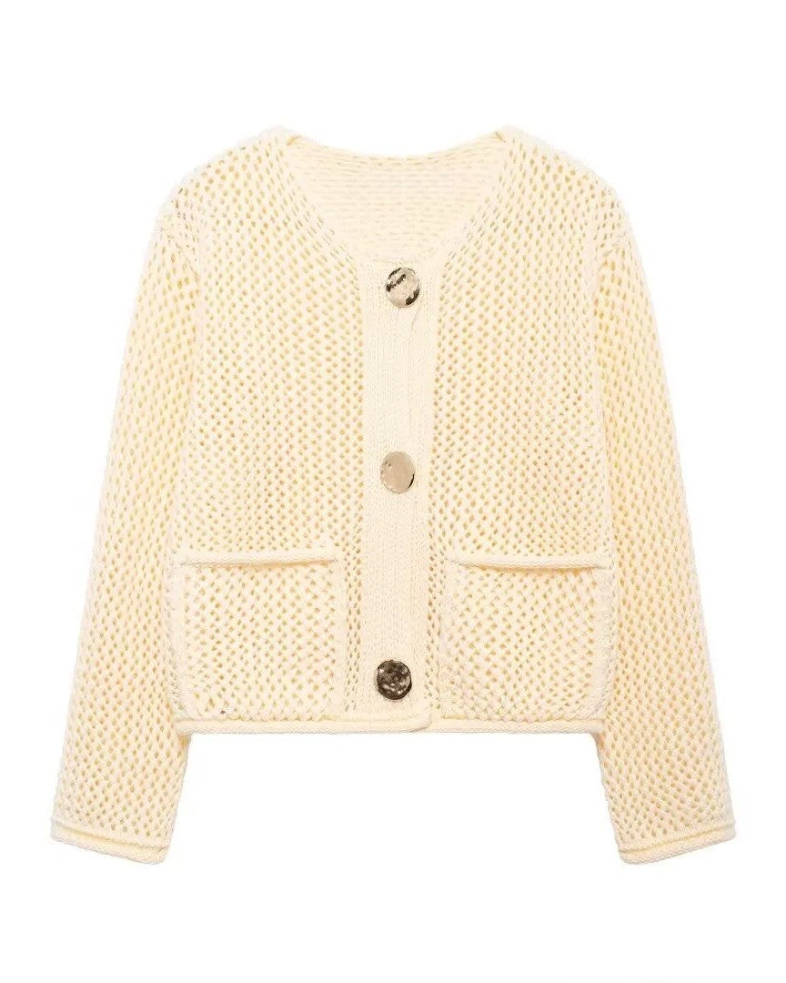 Open Weave Knit Cardigan With Patch Pockets - Apricot