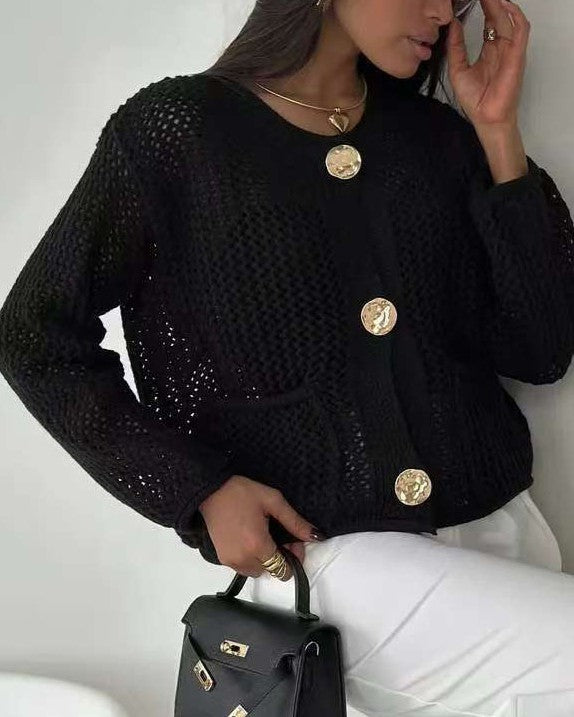 Open Weave Knit Cardigan With Patch Pockets - Black