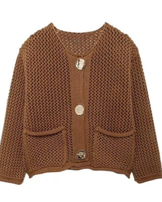 Open Weave Knit Cardigan With Patch Pockets - Brown