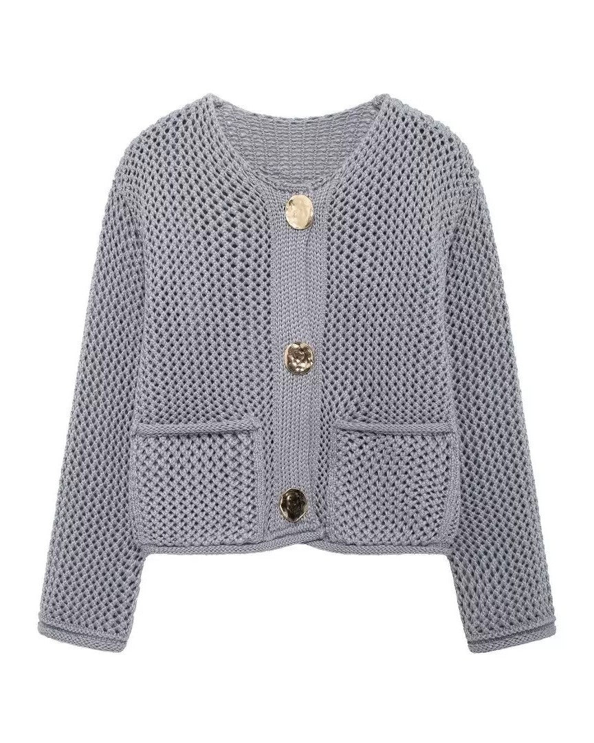 Open Weave Knit Cardigan With Patch Pockets - Gray