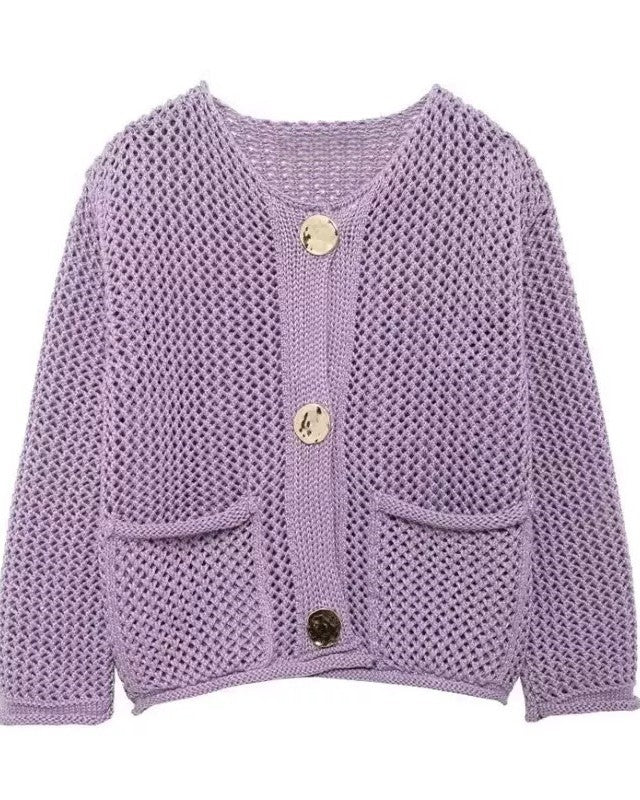 Open Weave Knit Cardigan With Patch Pockets - Purple