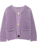 Open Weave Knit Cardigan With Patch Pockets - Purple