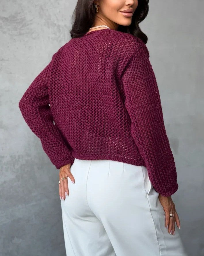 Open Weave Knit Cardigan With Patch Pockets - Wine-Red - 2