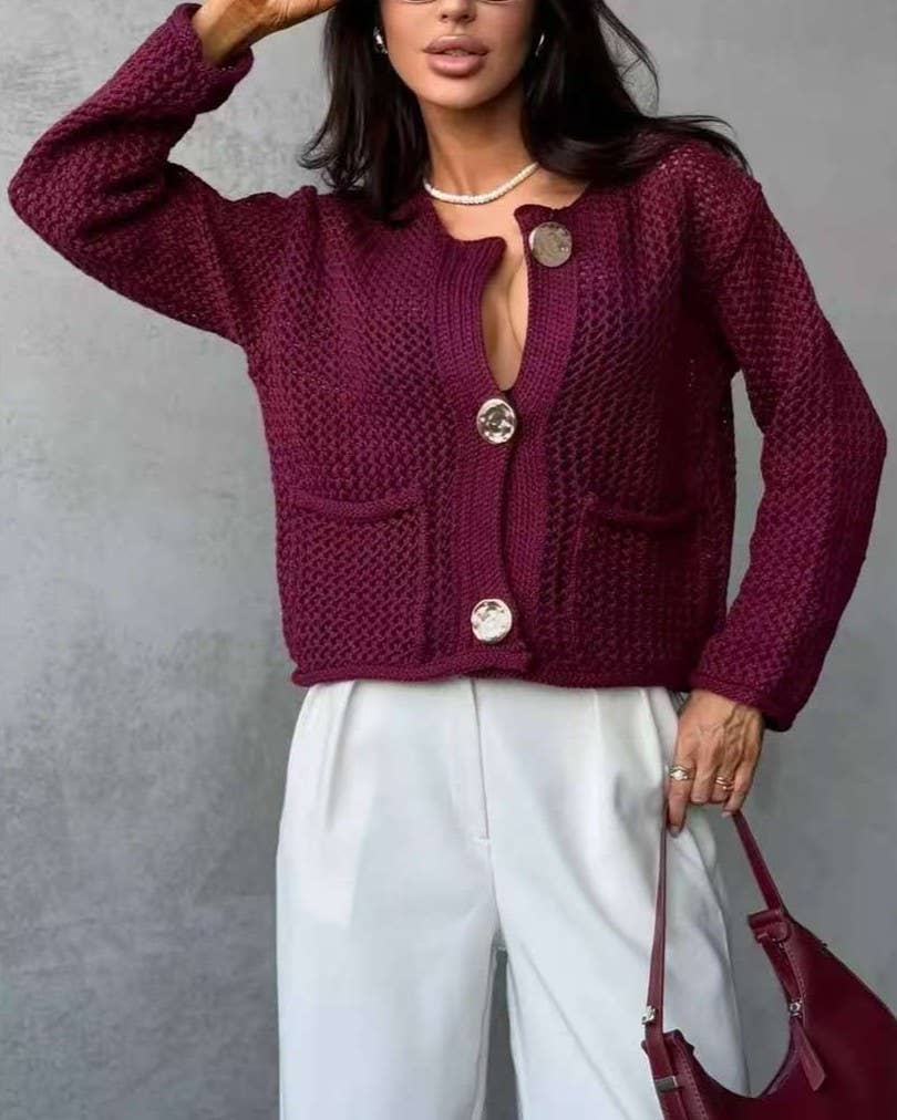 Open Weave Knit Cardigan With Patch Pockets