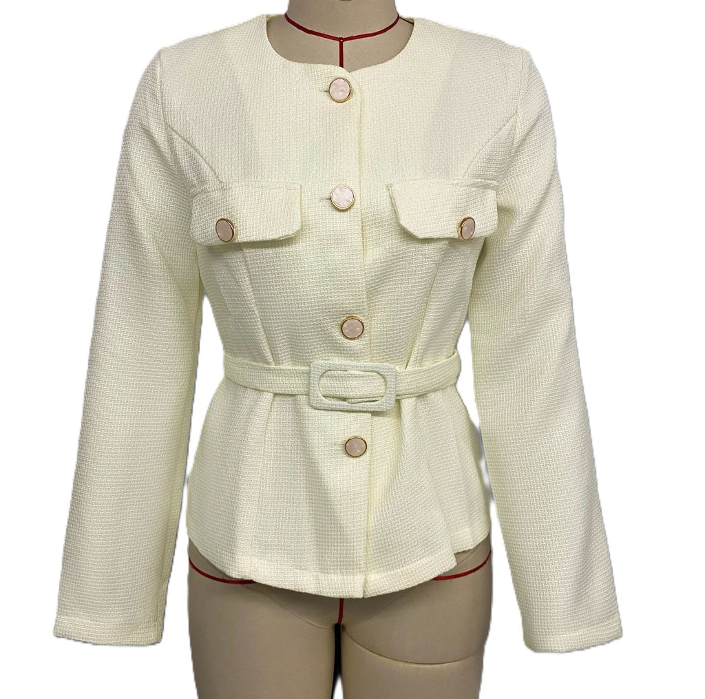 Belted Round Neck Peplum Jacket - Beige - 1