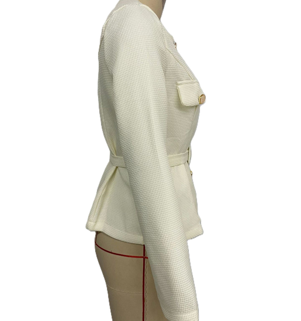 Belted Round Neck Peplum Jacket - Beige - 2