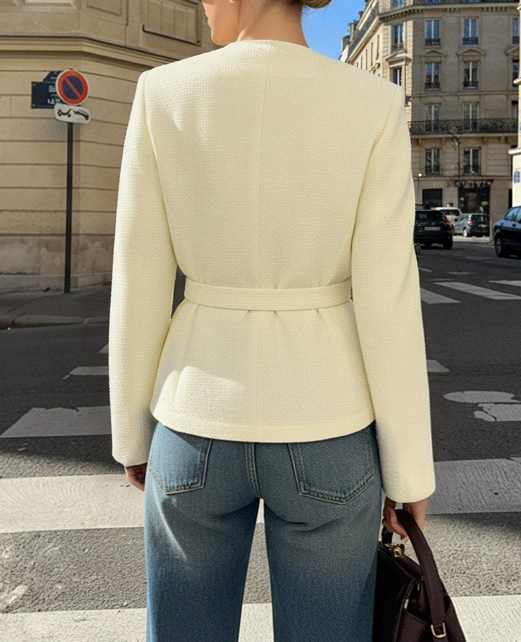 Belted Round Neck Peplum Jacket - Beige - 3