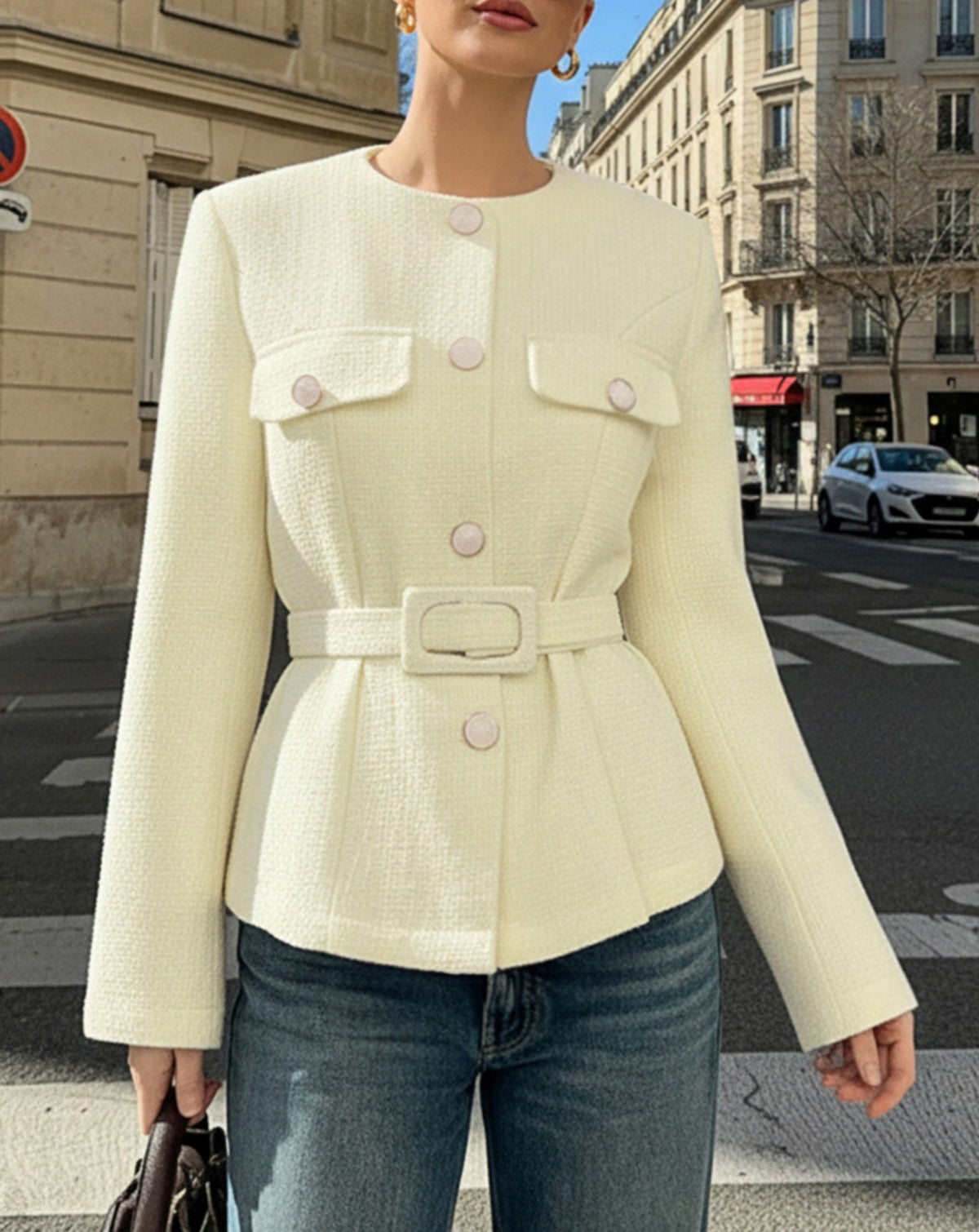 Belted Round Neck Peplum Jacket - Beige - 4