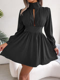 Mock Neck Keyhole Cutout Flared Mini Dress - Black