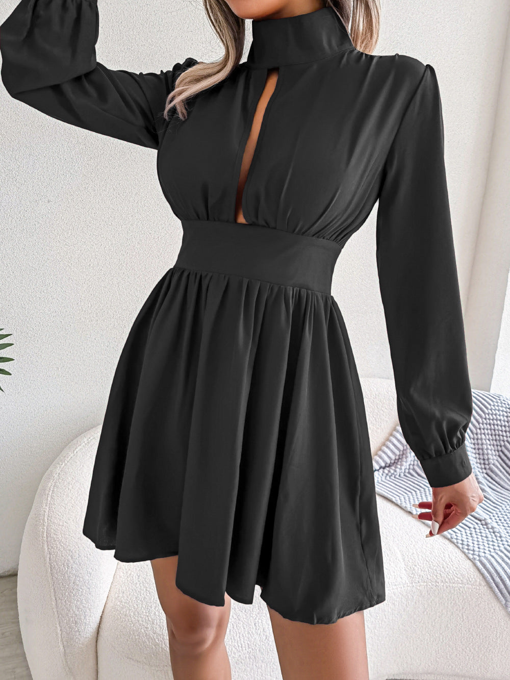 Mock Neck Keyhole Cutout Flared Mini Dress - Black - 1