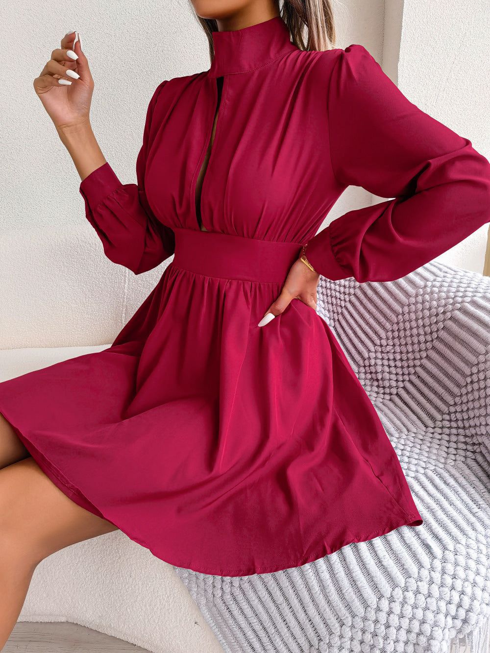 Mock Neck Keyhole Cutout Flared Mini Dress - Red