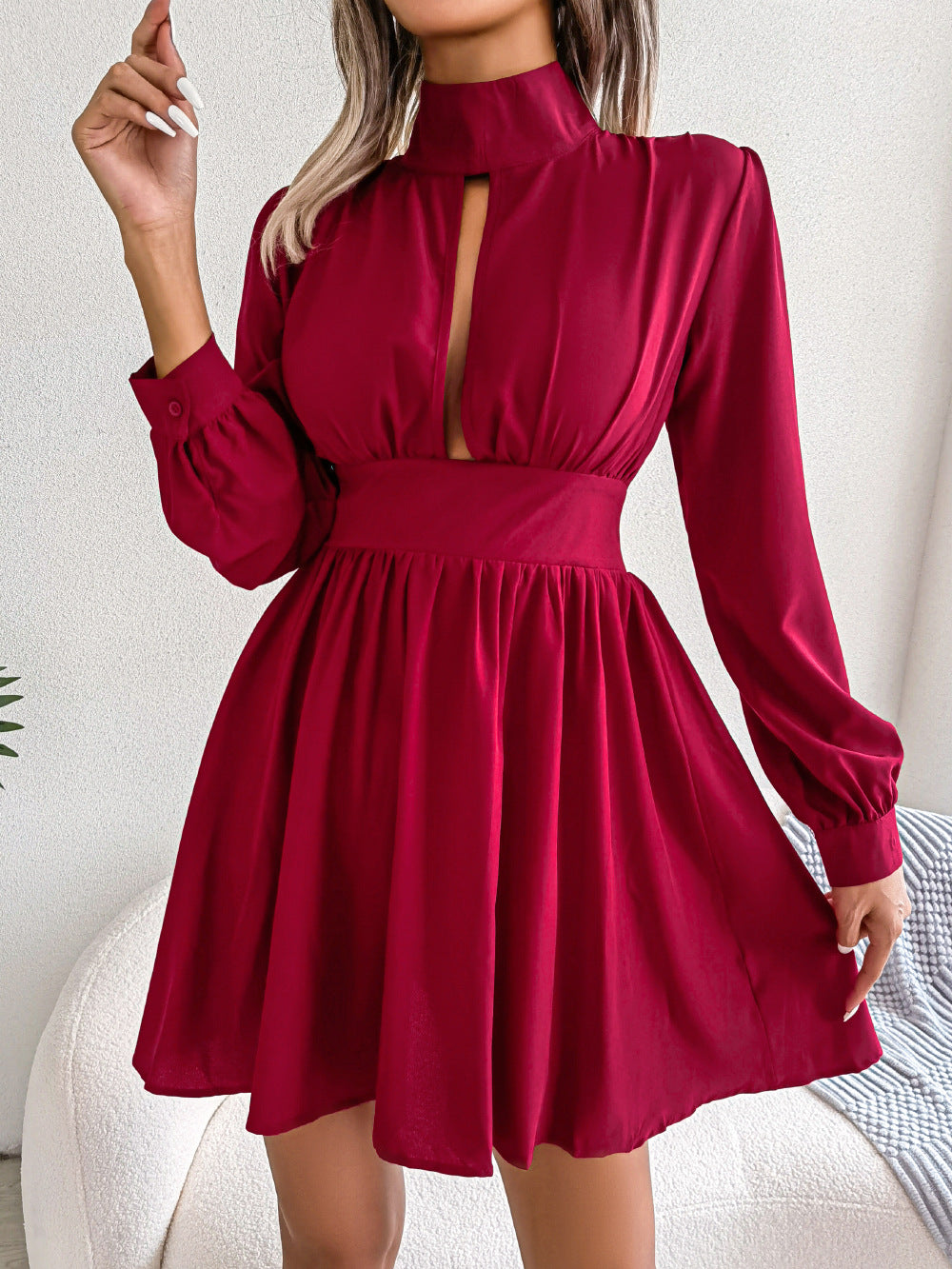 Mock Neck Keyhole Cutout Flared Mini Dress - Red - 1