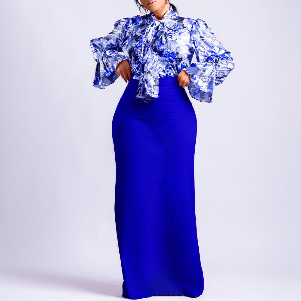 Floral Bow Blouse and Maxi Skirt Set - Blue